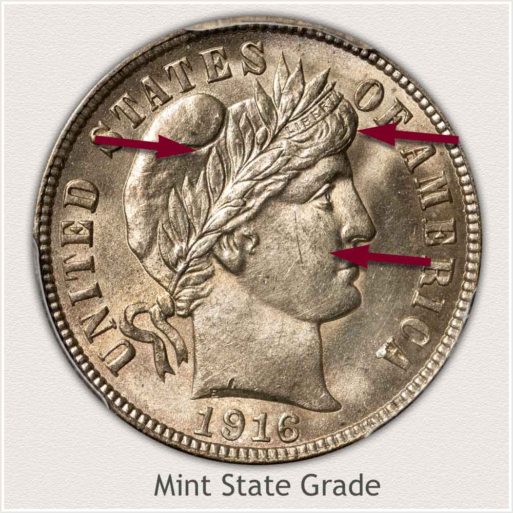 Obverse View: Mint State Grade Barber Dime
