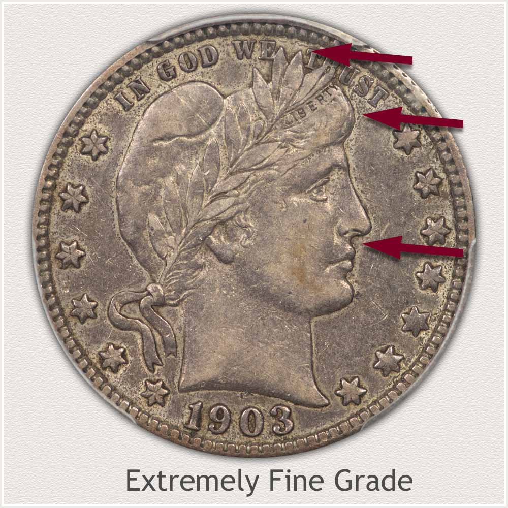 Obverse View: Extremely Fine Grade Barber Quarter