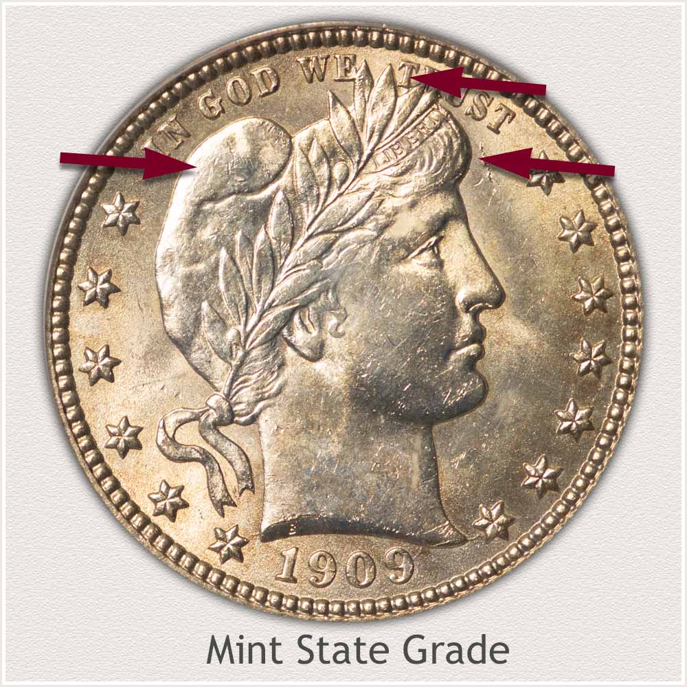 Obverse View: Mint State Grade Barber Quarter