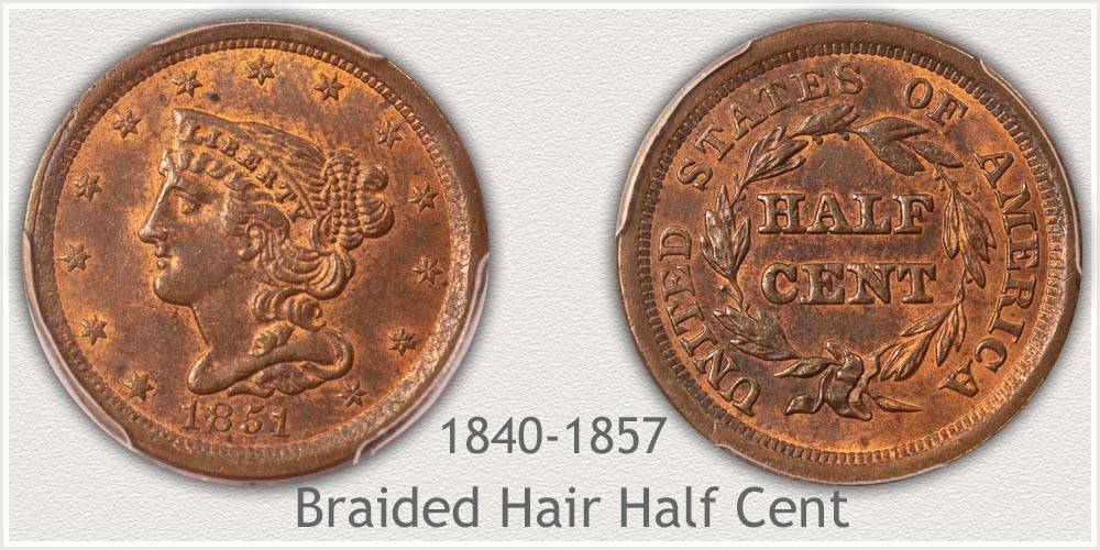 1857 Braided Hair Half Cent Early Copper Half Penny Coin Value Prices,  Photos & Info