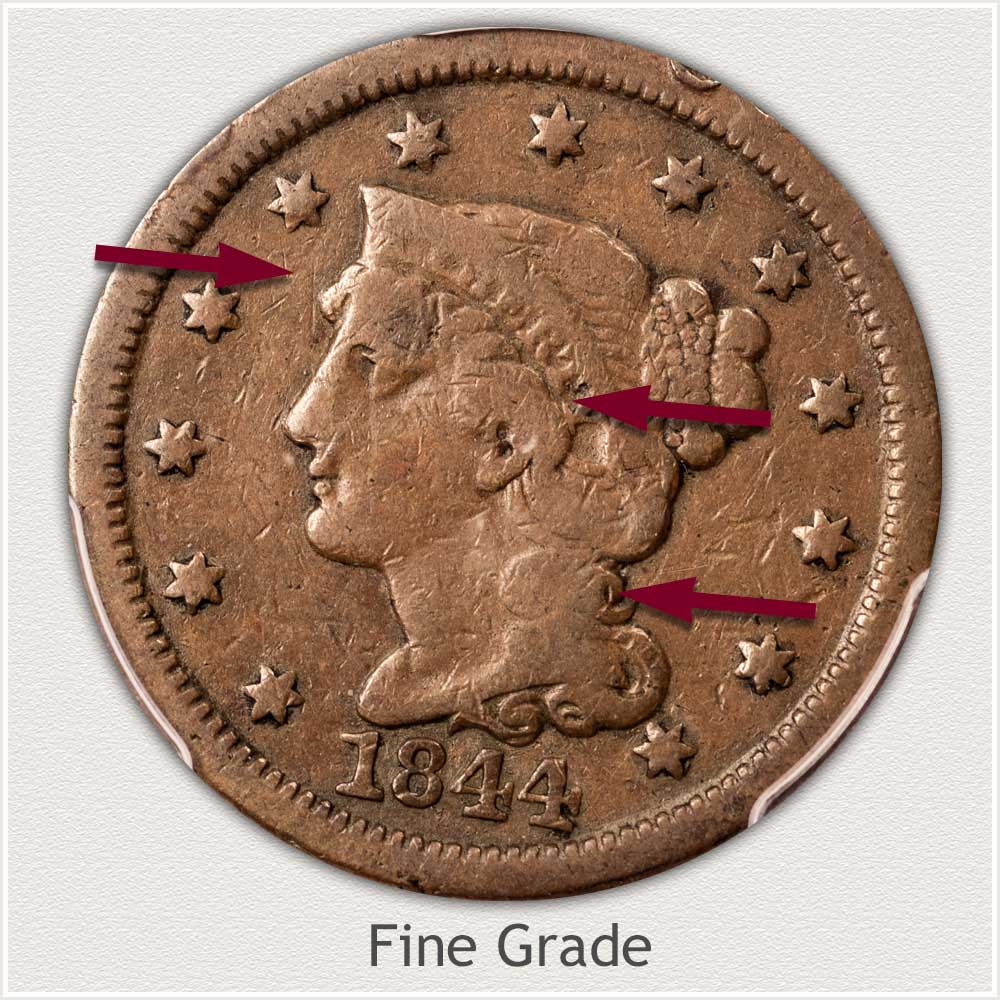 Obverse View: Braided Hair Large Cent in Fine Grade 