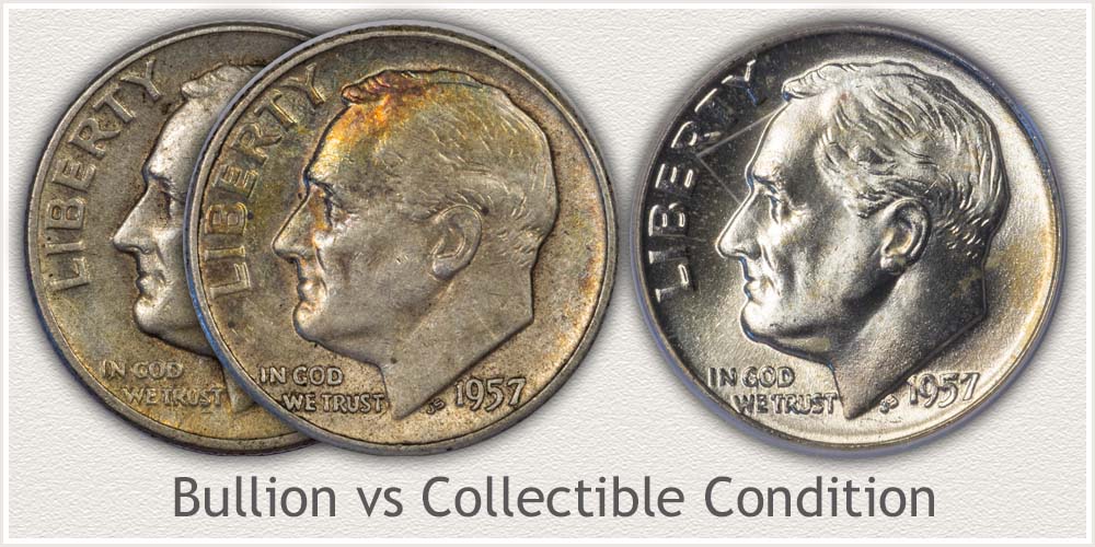 Mint State Example and Worn Example Roosevelt Dime