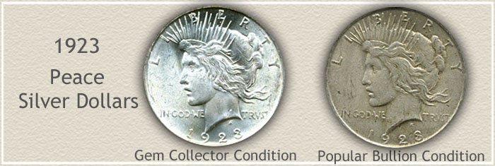 Compare Bullion Quality to Gem Quality 1923 Peace Dollars