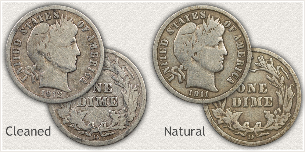 A Damaged and Undamaged Barber Dimes