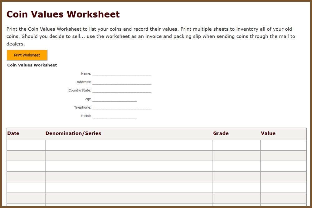 Image of Coin Values Worksheet