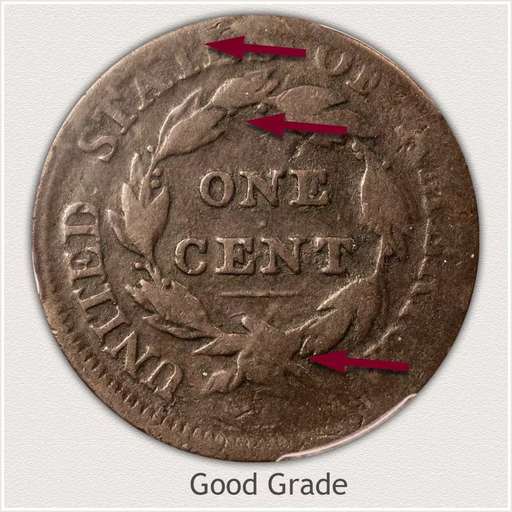 Areas to Judge to Determine the Good Grade Coronet Head Large Cent Reverse View: Coronet Head Large Cent Good Grade