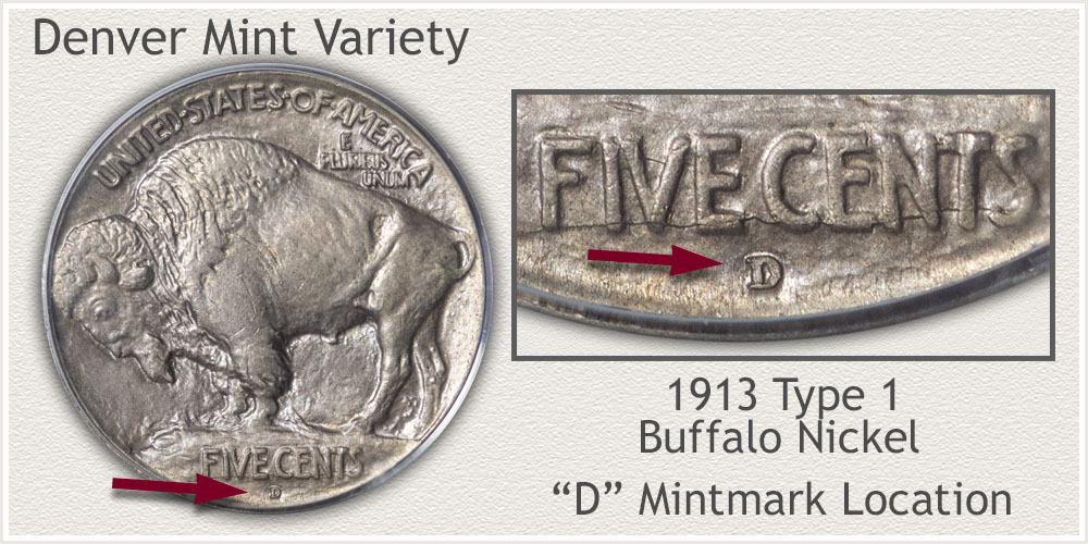 D Mintmark 1913 Type 1 Buffalo Nickel