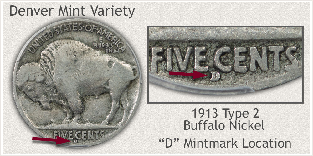 D Mintmark 1913 Type 2 Buffalo Nickel