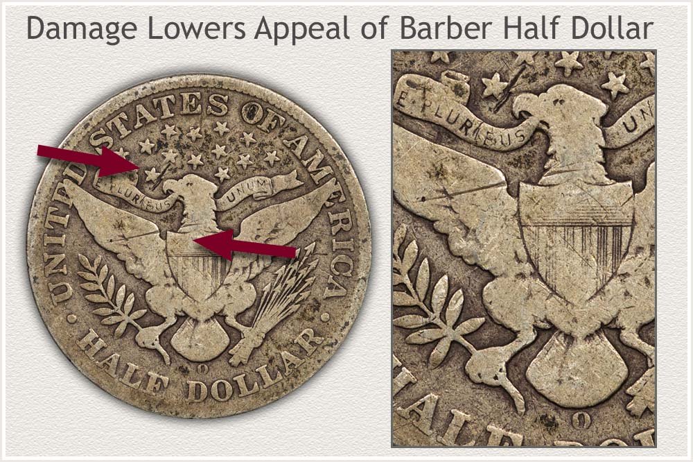 Damage Marks on Reverse Barber Half Dollar