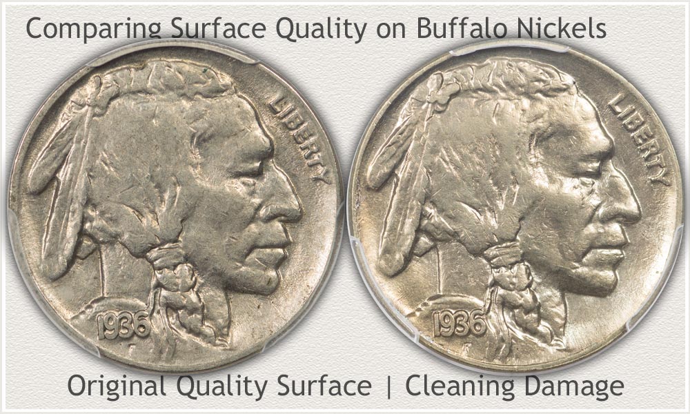 Examples Comparing Cleaned and Original Surface Buffalo Nickels