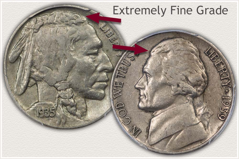 Obverse View of Buffalo and Jefferson Nickels in Extremely Fine Condition