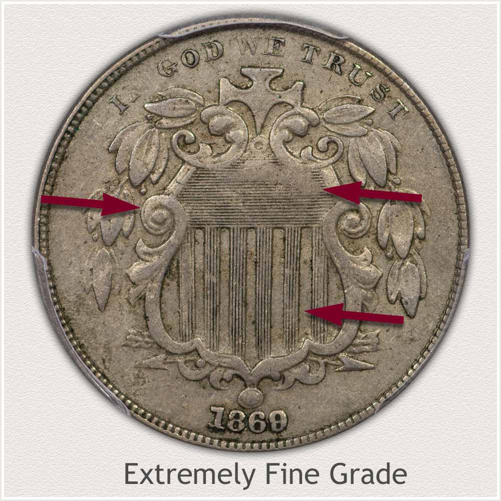 Obverse View of a Shield Nickels in Extremely Fine Grade Condition