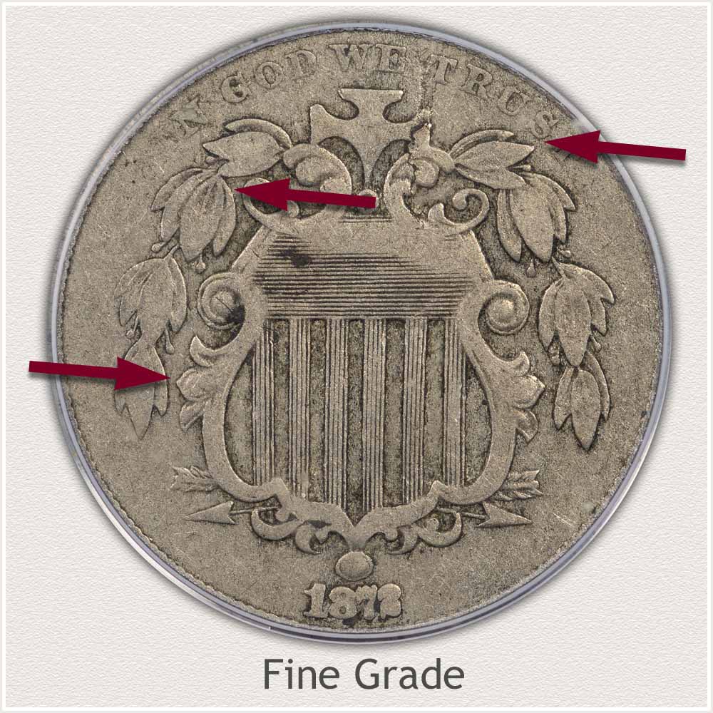 Obverse View of a Shield Nickel in Fine Grade Condition