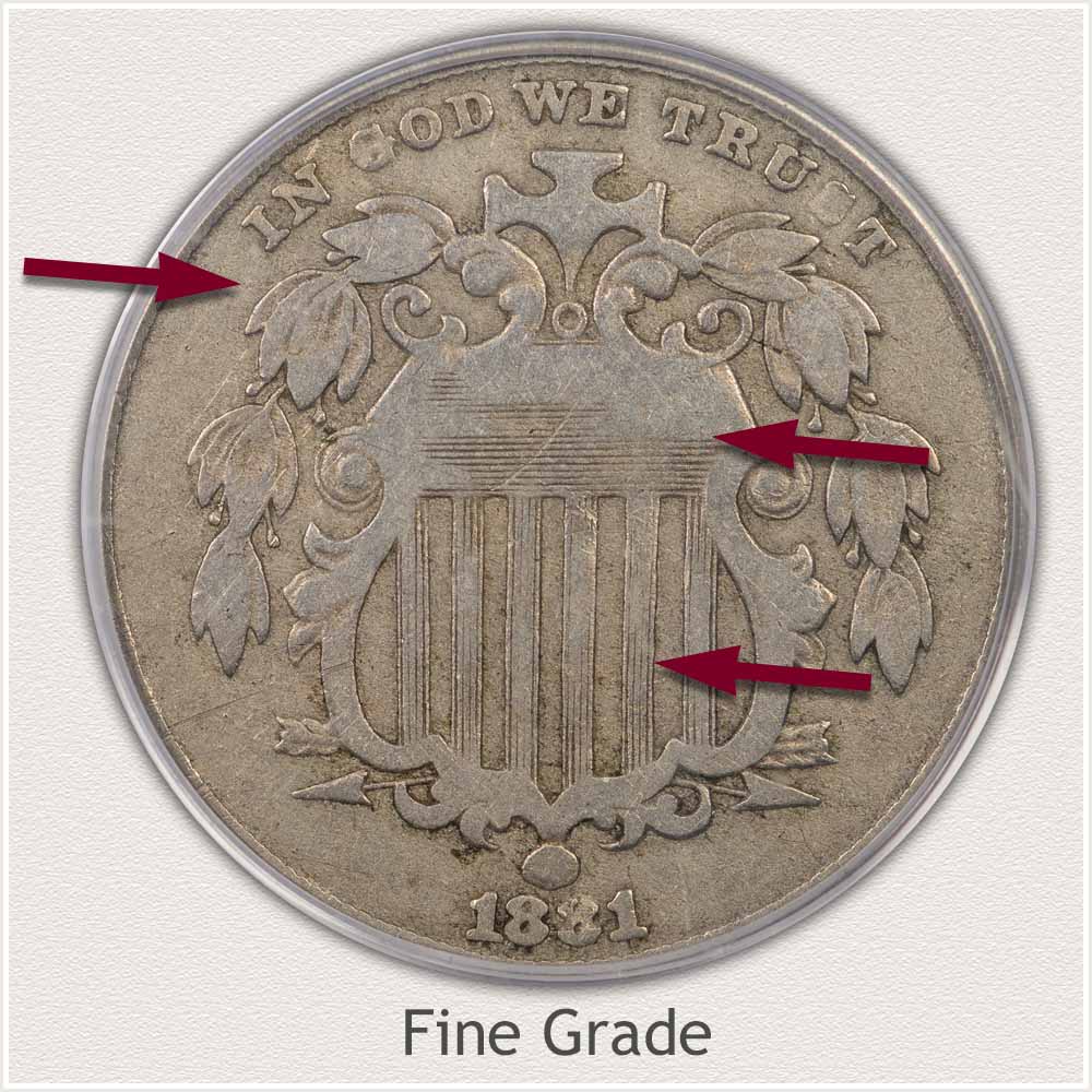 Obverse View of a Professionally Graded 1881 Shield Nickel in Fine Grade Condition