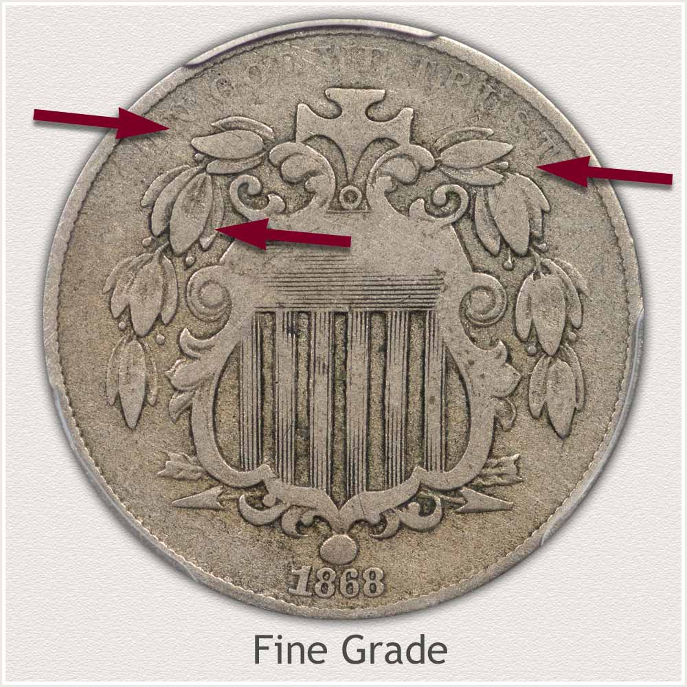Obverse View of a Professionally Graded Shield Nickel in Fine Grade Condition