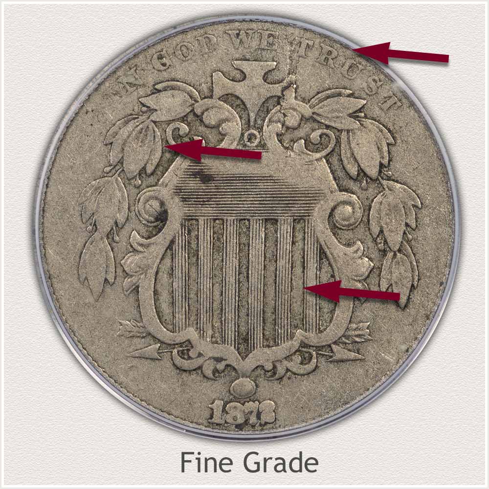 Obverse View of a Shield Nickel in Fine Grade Condition