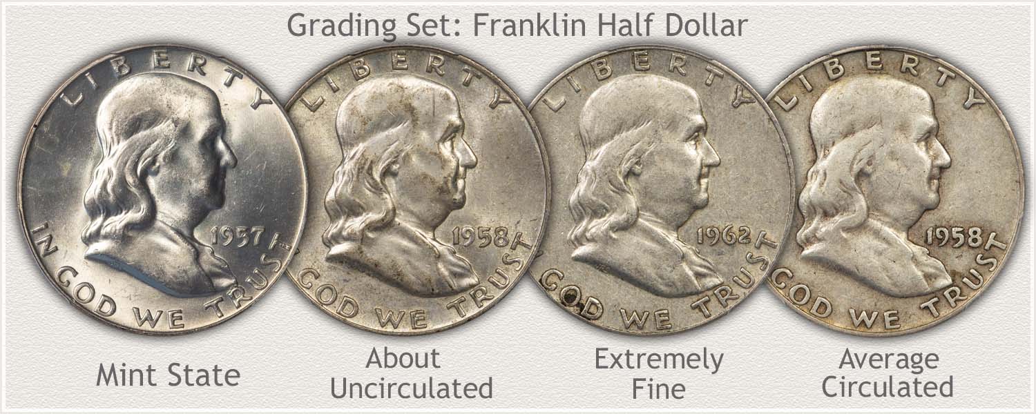 Grade Set of Franklin Half Dollars Mint State, Extremely Fine, Fine, and Good Grades