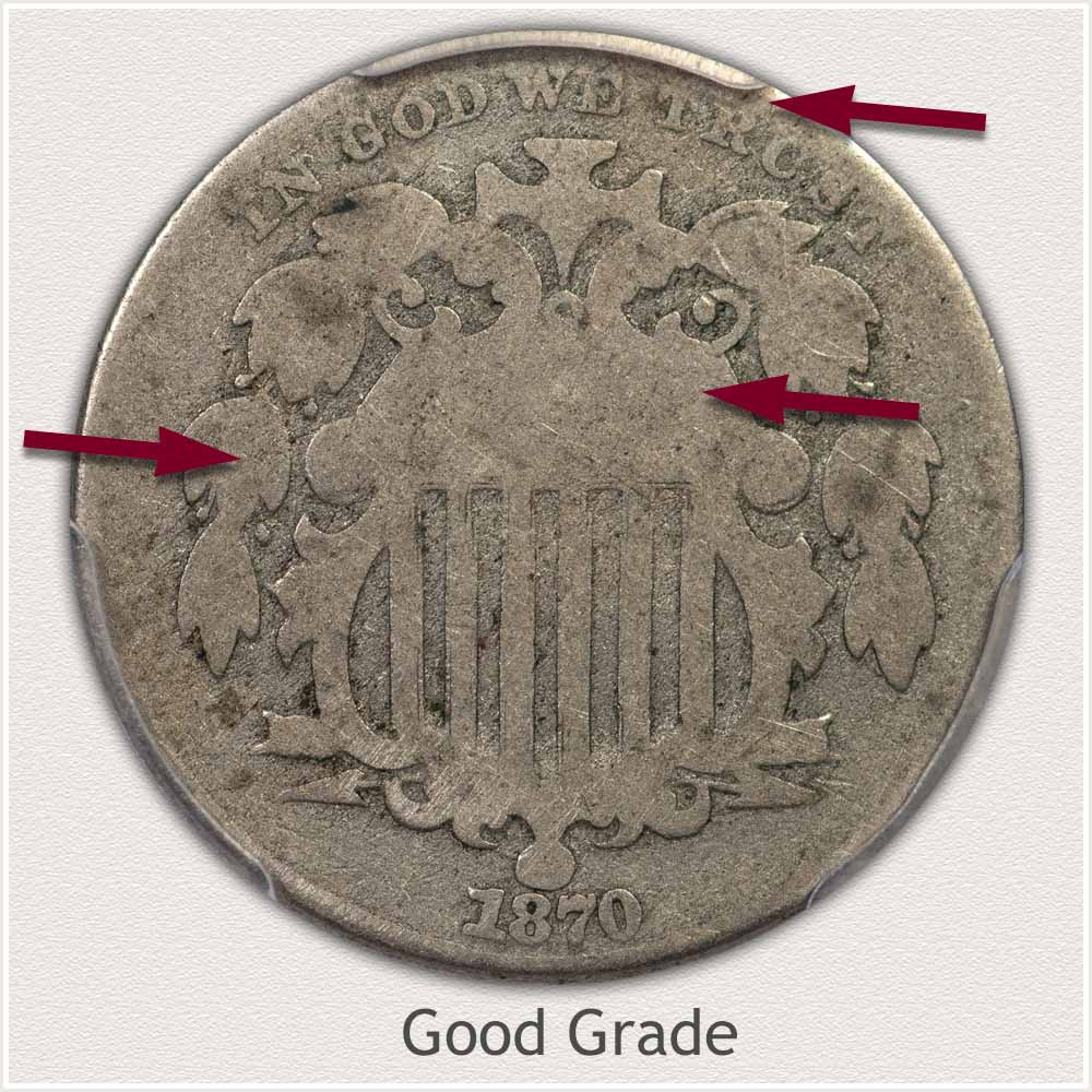 Obverse View of an 1870 Shield Nickel in Good Grade Condition