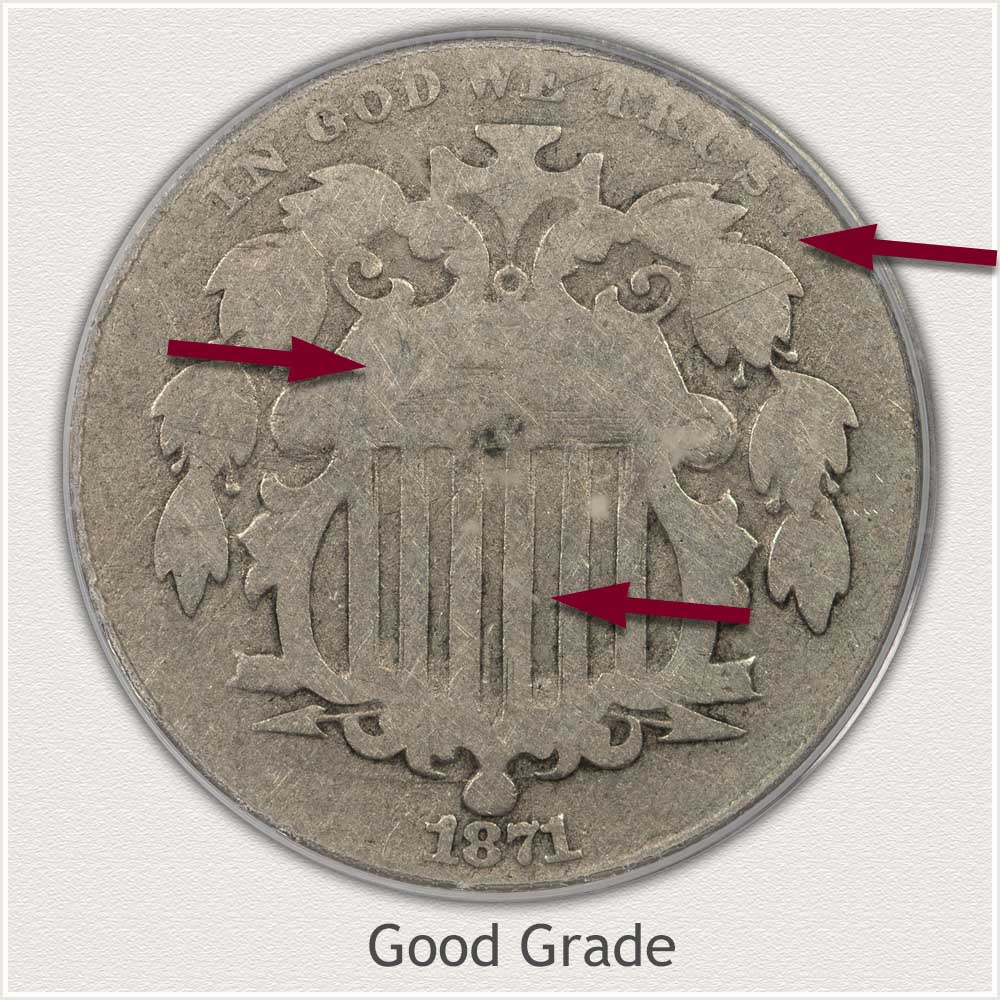 Large Size Full Obverse View of a Good Grade 1871 Shield Nickel