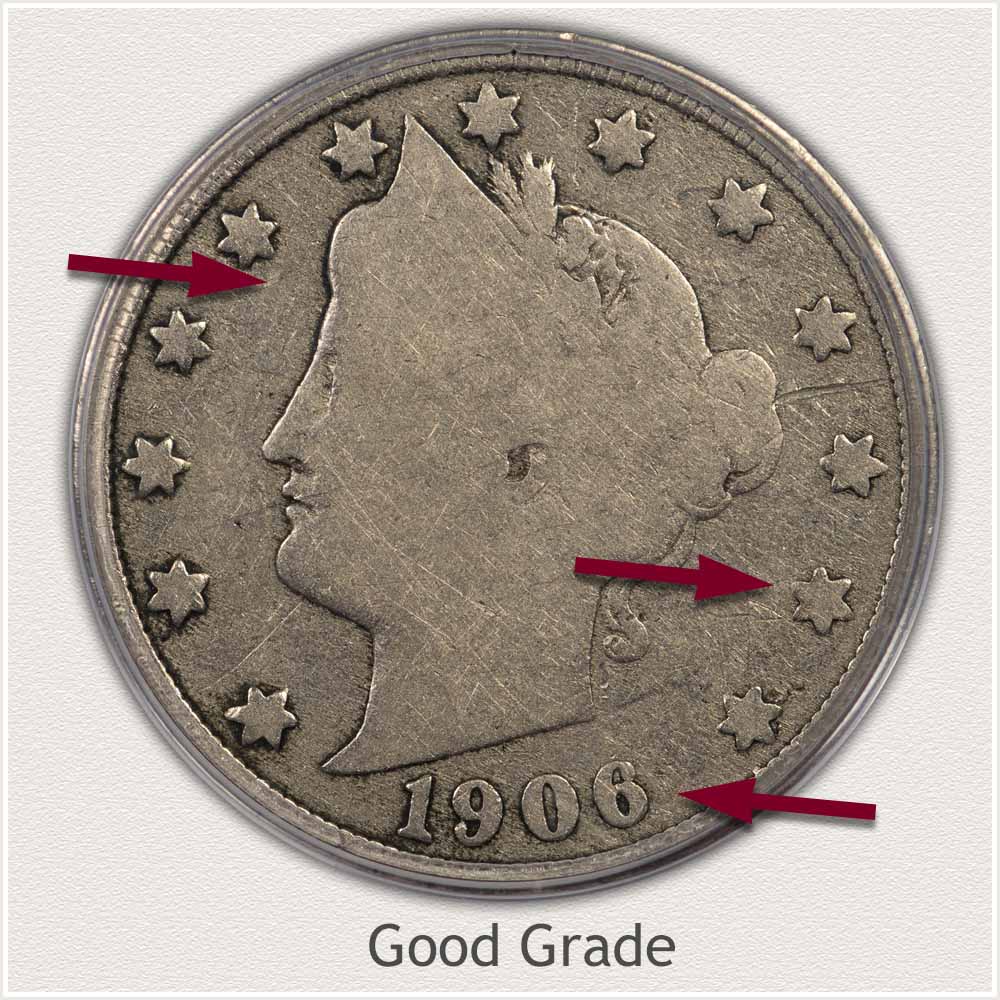 Remaining Detail Evident on Good Grade 1906 Liberty Nickel