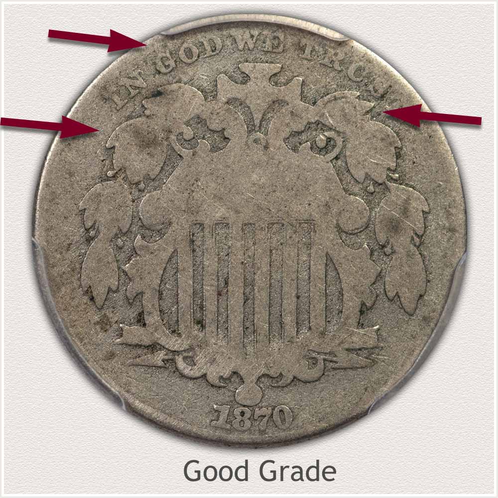 Obverse View of a Shield Nickel in Good Grade Condition