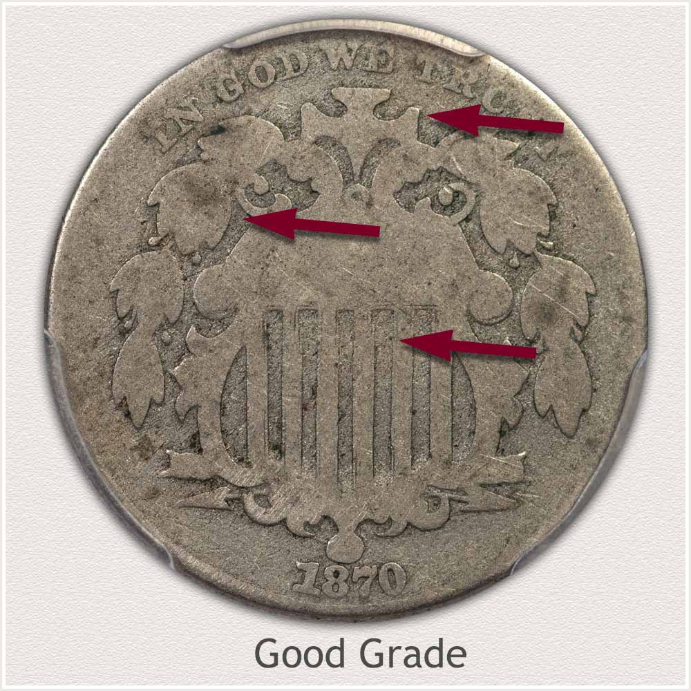 Obverse View of a Shield Nickel in Good Grade Condition