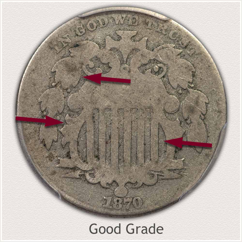 Obverse View of a Shield Nickel in Good Grade Condition