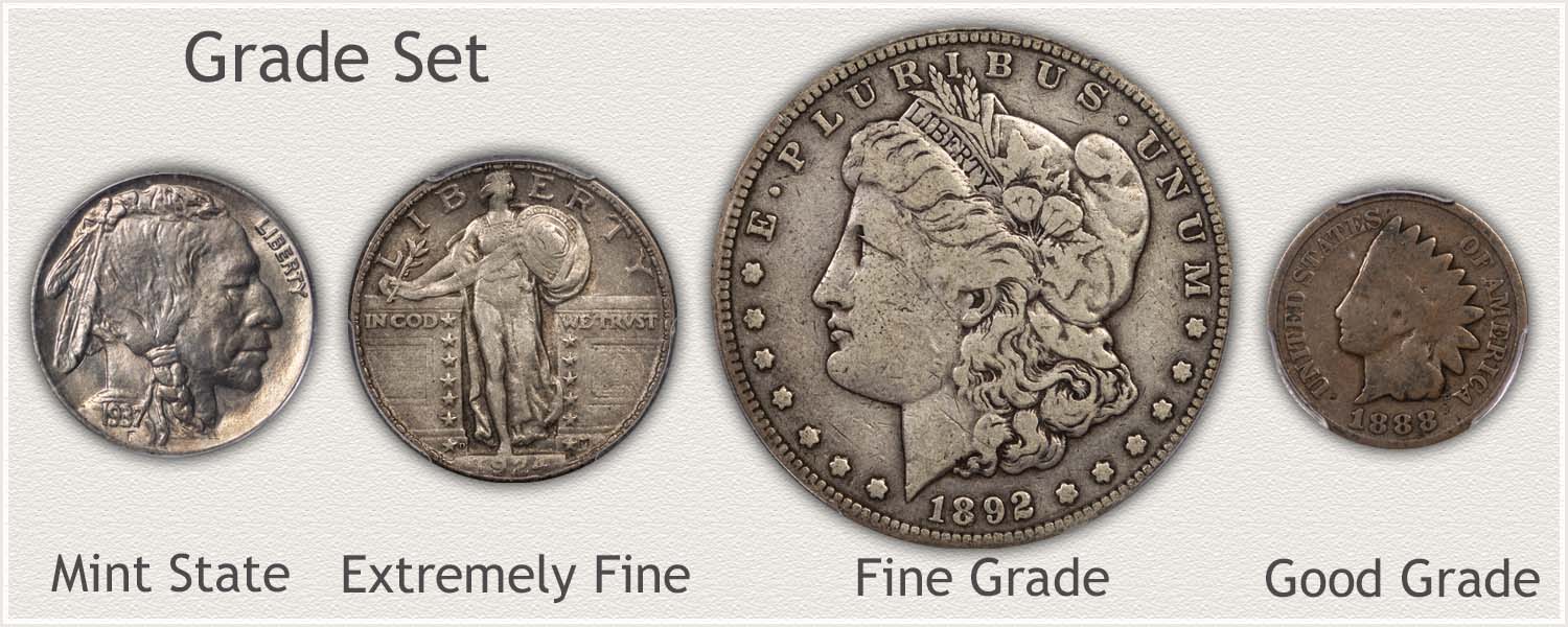 Grade Set: Buffalo Nickel, Standing Quarter, Morgan Dollar, and Indian Penny