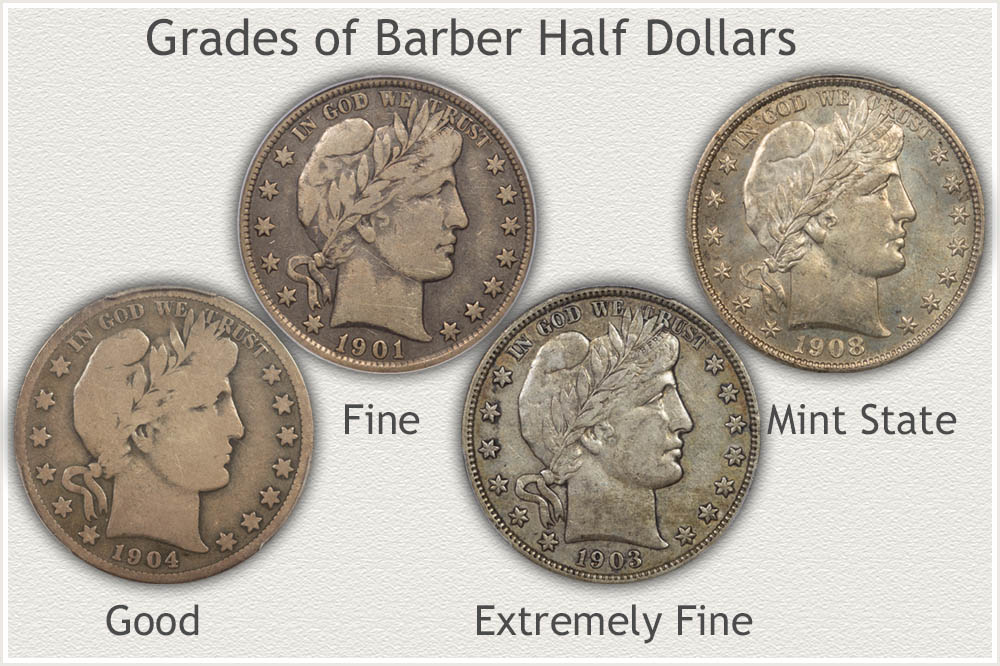 Different Grades of Barber Half Dollars Illustrated