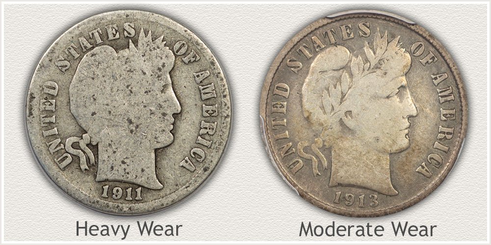 Heavily Worn and Fine Condition Barber Dimes