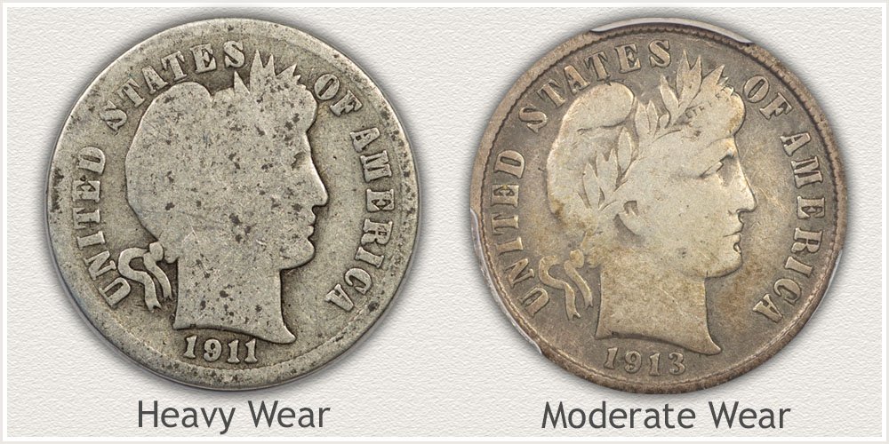 Heavily Worn and Fine Condition Barber Dimes