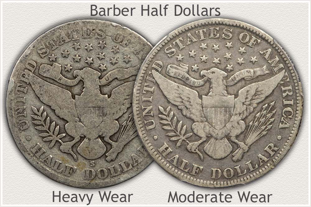 A Heavily Worn Example Barber Half Dollar Compared to a Moderately Worn Example