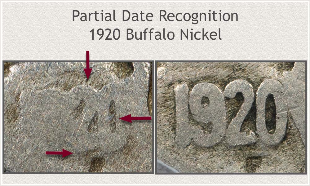 Close View of Worn Dates on Buffalo Nickels