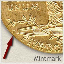 Indian Five Dollar Gold Coin Mintmark Location