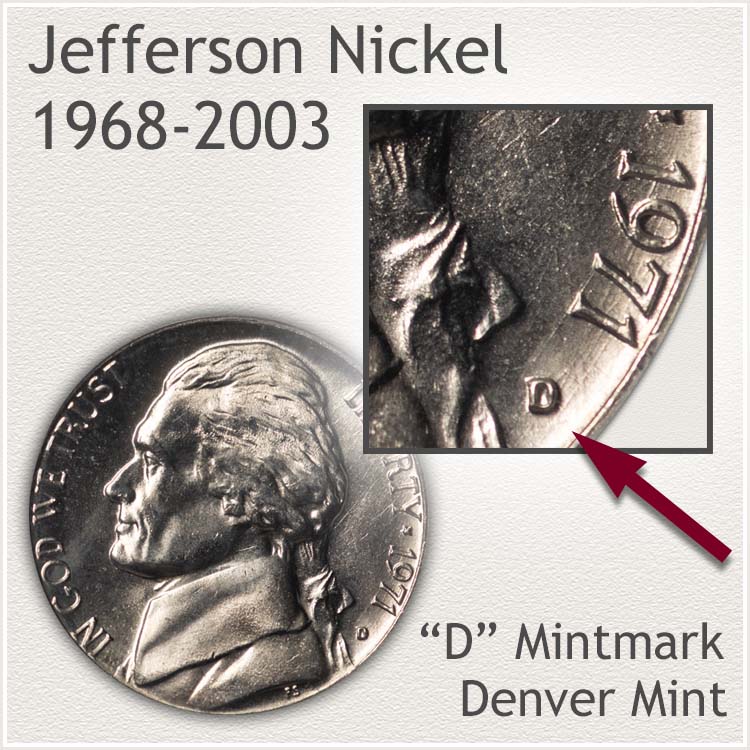 Jefferson Nickel Denver Mintmark Location 1965 to 2003 Era