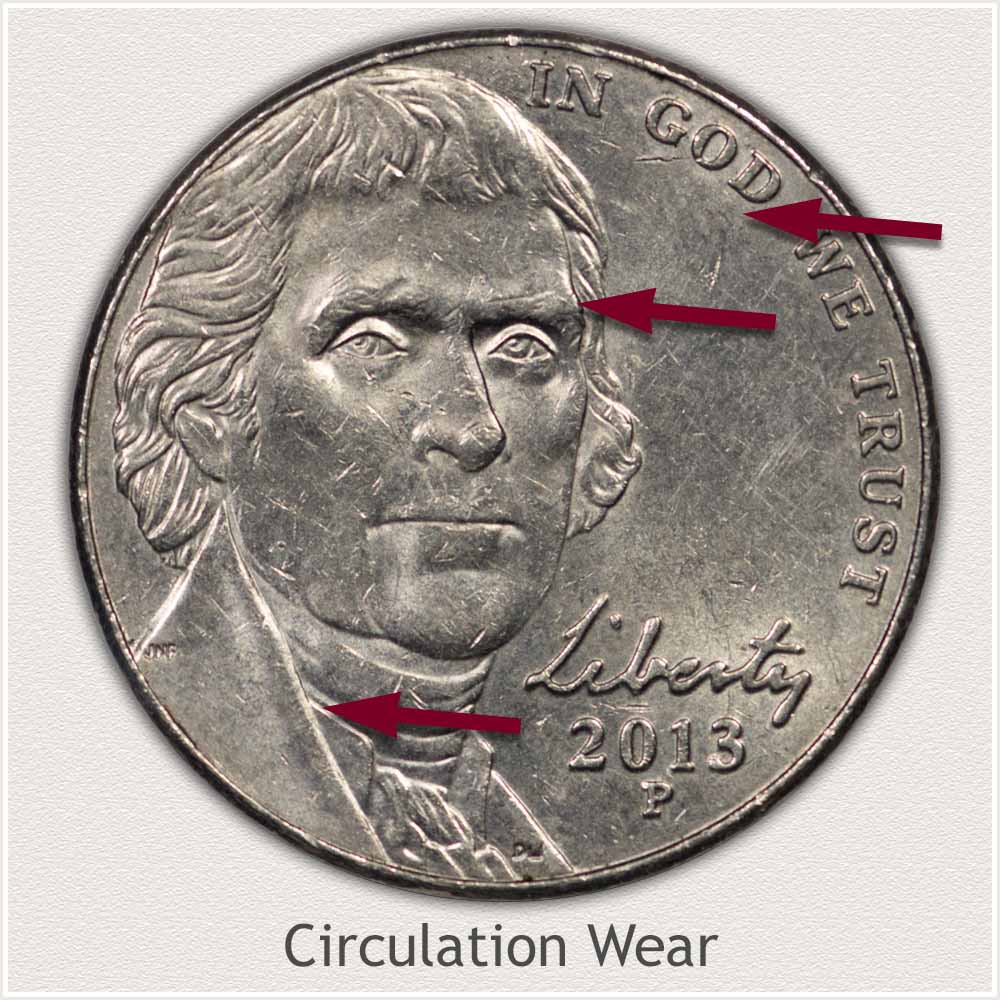 Obverse View: Circulation Wear Modern Jefferson Nickel
