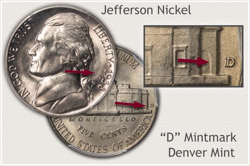Obverse and Reverse Denver Jefferson Nickel with Date and Mintmark Highlighted