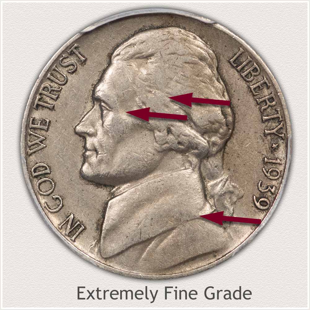 Obverse View: Extremely Fine Grade Jefferson Nickel