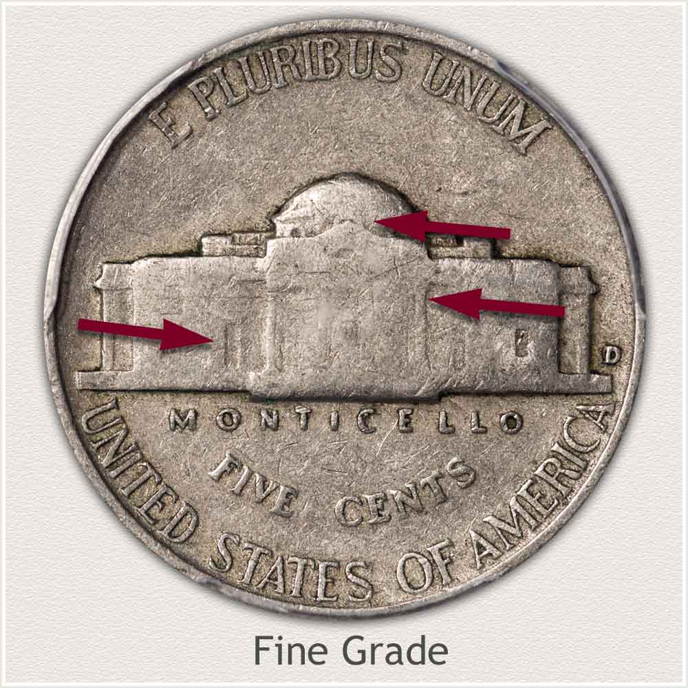 Reverse View: Fine Grade Jefferson Nickel