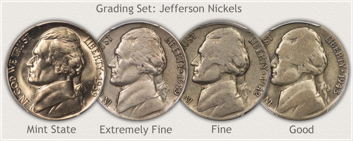 Grade Set of Jefferson Nickels; Grades Mint State, Extremely Fine, Fine, and Good