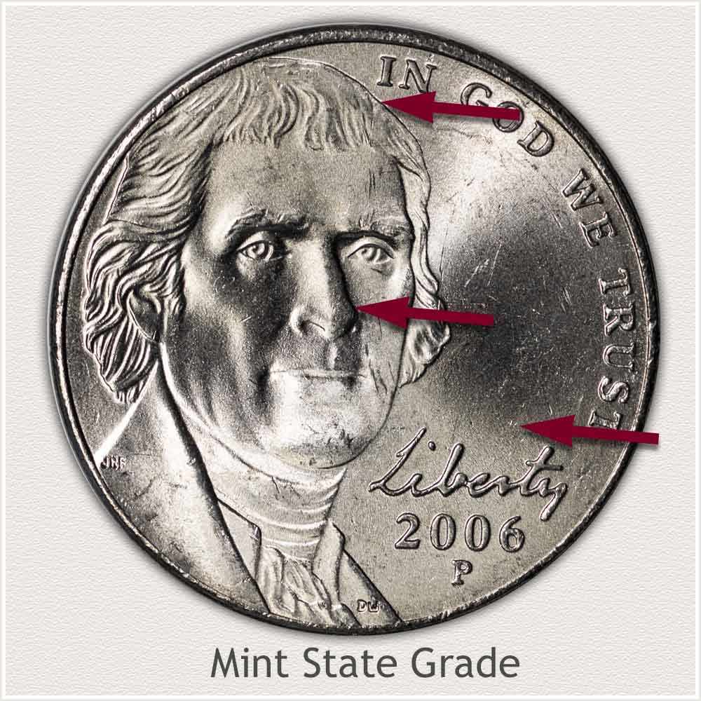 Obverse View: Mint State Grade Modern Jefferson Nickel