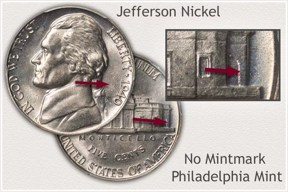 Obverse and Reverse Philadelphia Jefferson Nickel with Date and Mint Identity Highlighted