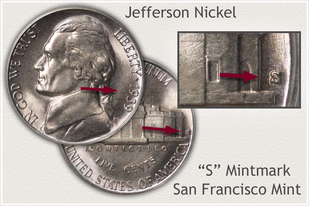 Obverse and Reverse San Francisco Jefferson Nickel with Date and Mintmark Highlighted