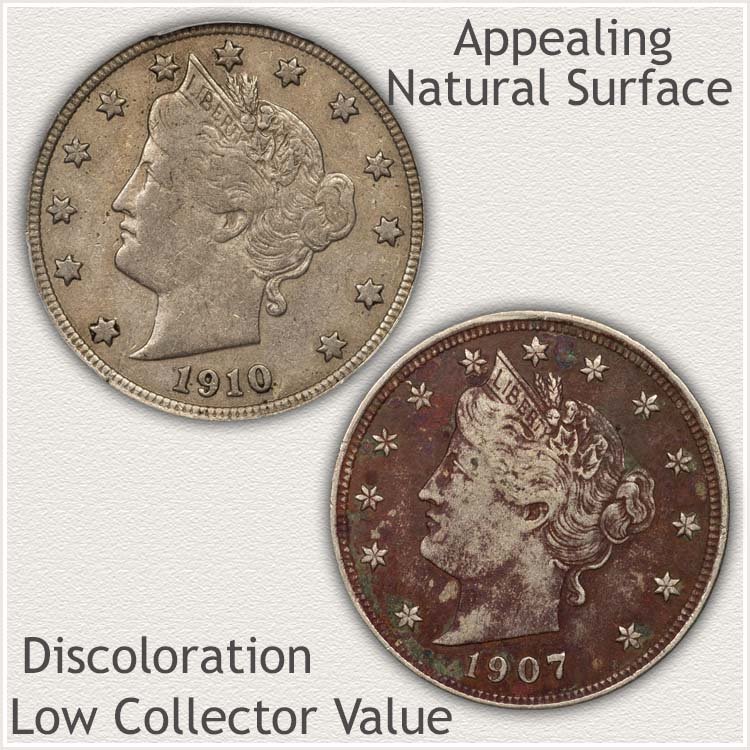 Natural Surface Liberty Nickel Compared to Discolored Example