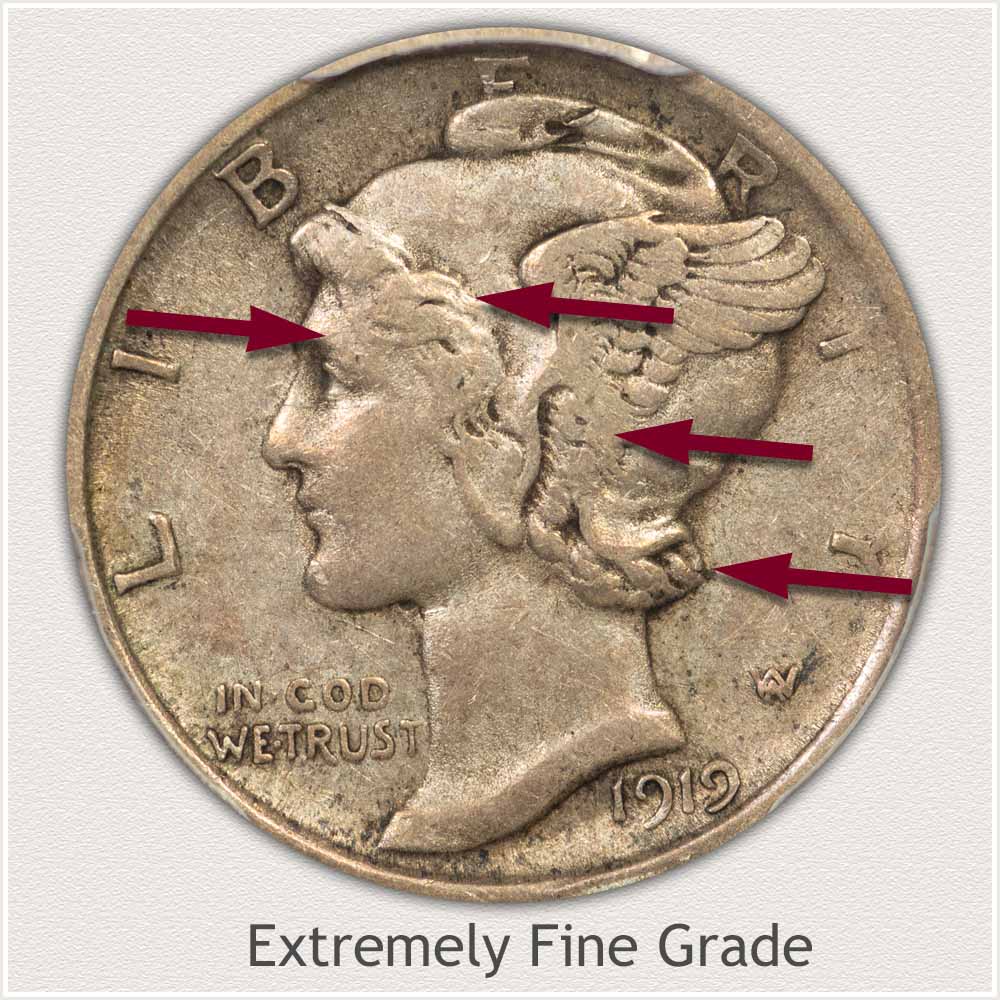 Obverse View: Extremely Fine Grade Mercury Dime