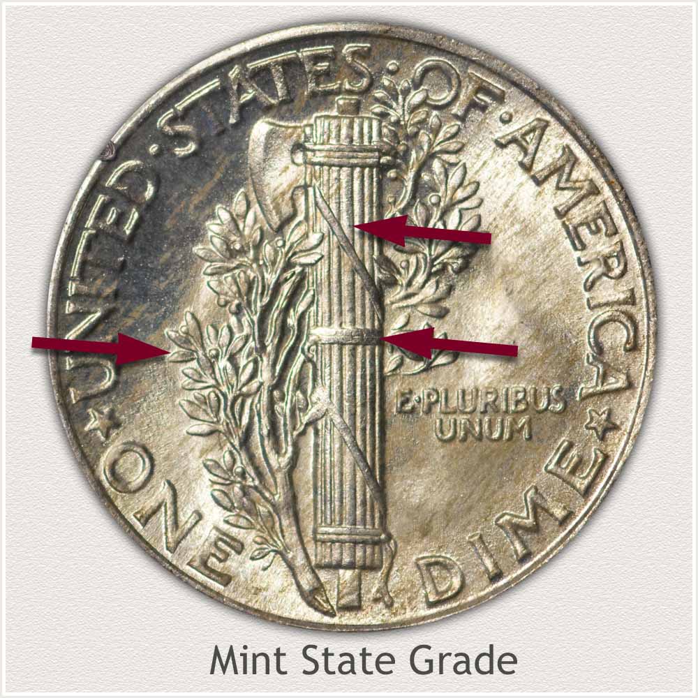 Reverse View: Mint State Grade Mercury Dime