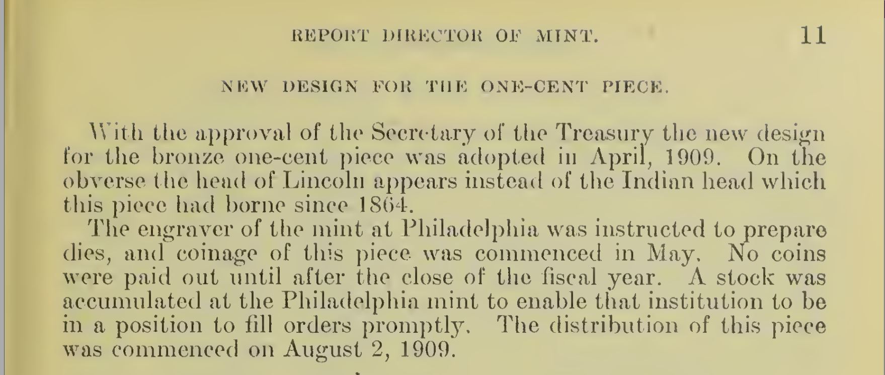 Quote From U.S. Mint Report About Lincoln Cents Production