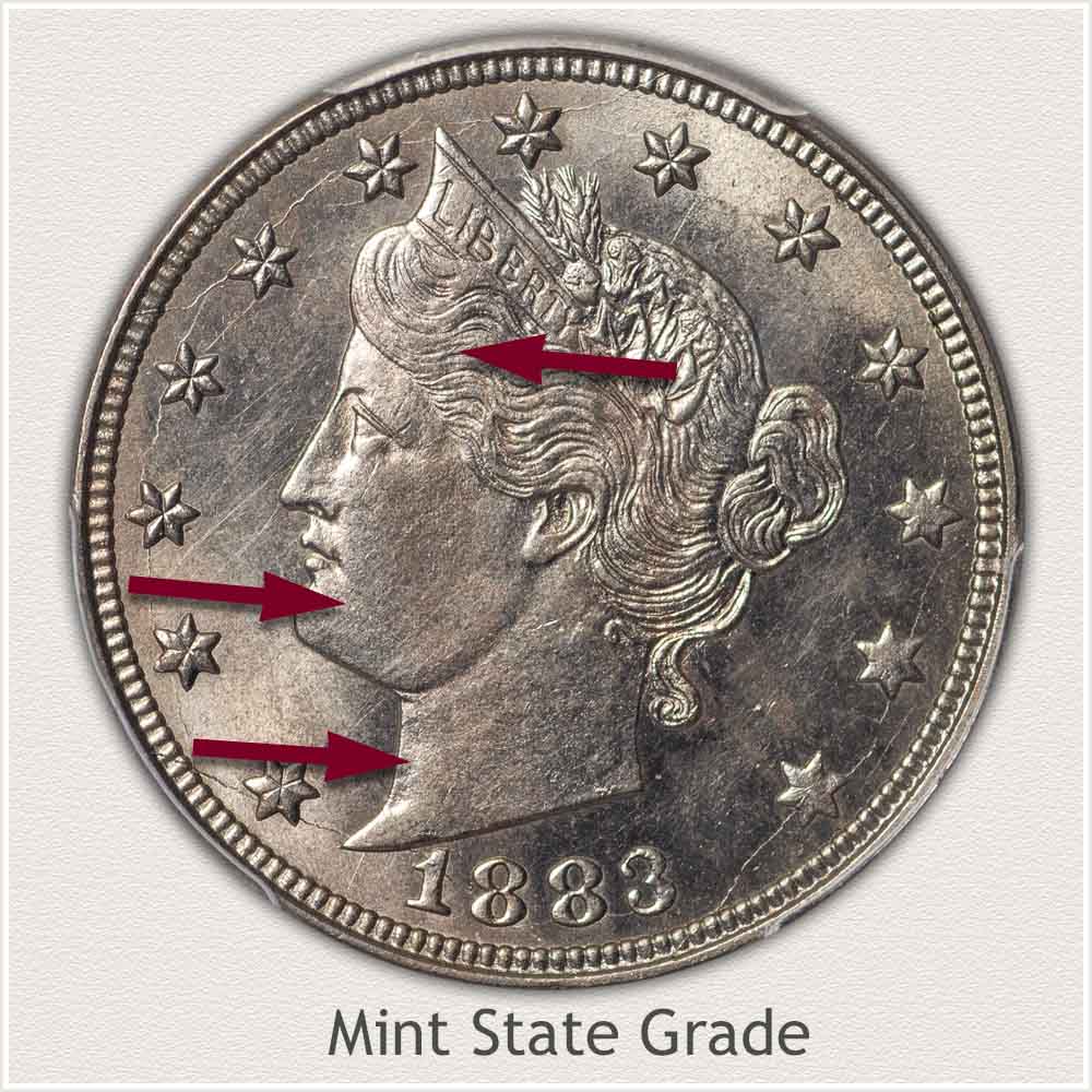 Obverse of a Mint State Grade Liberty Nickel