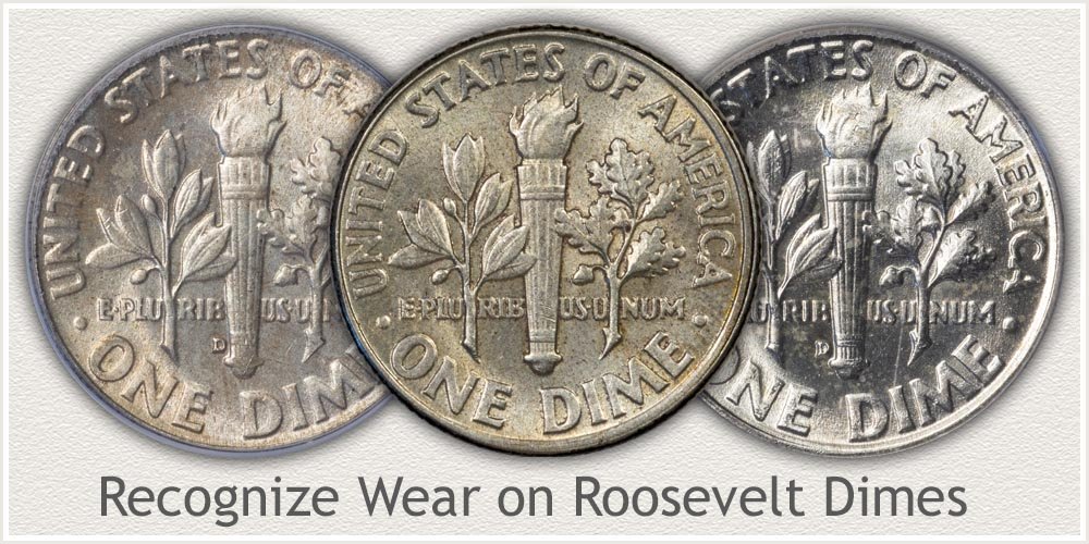 Three Roosevelt Dimes of Different Grades