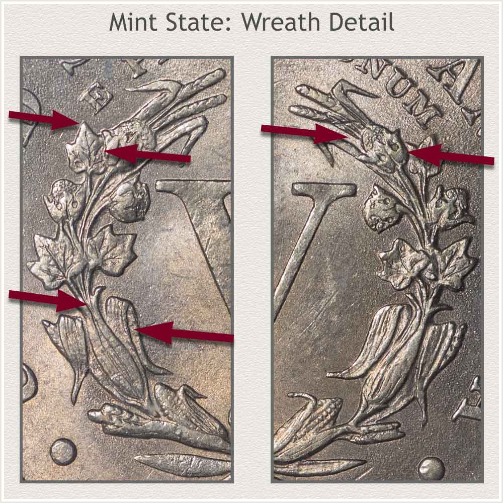 Reverse of a Liberty Nickel Wreath Detail in Mint State Grade